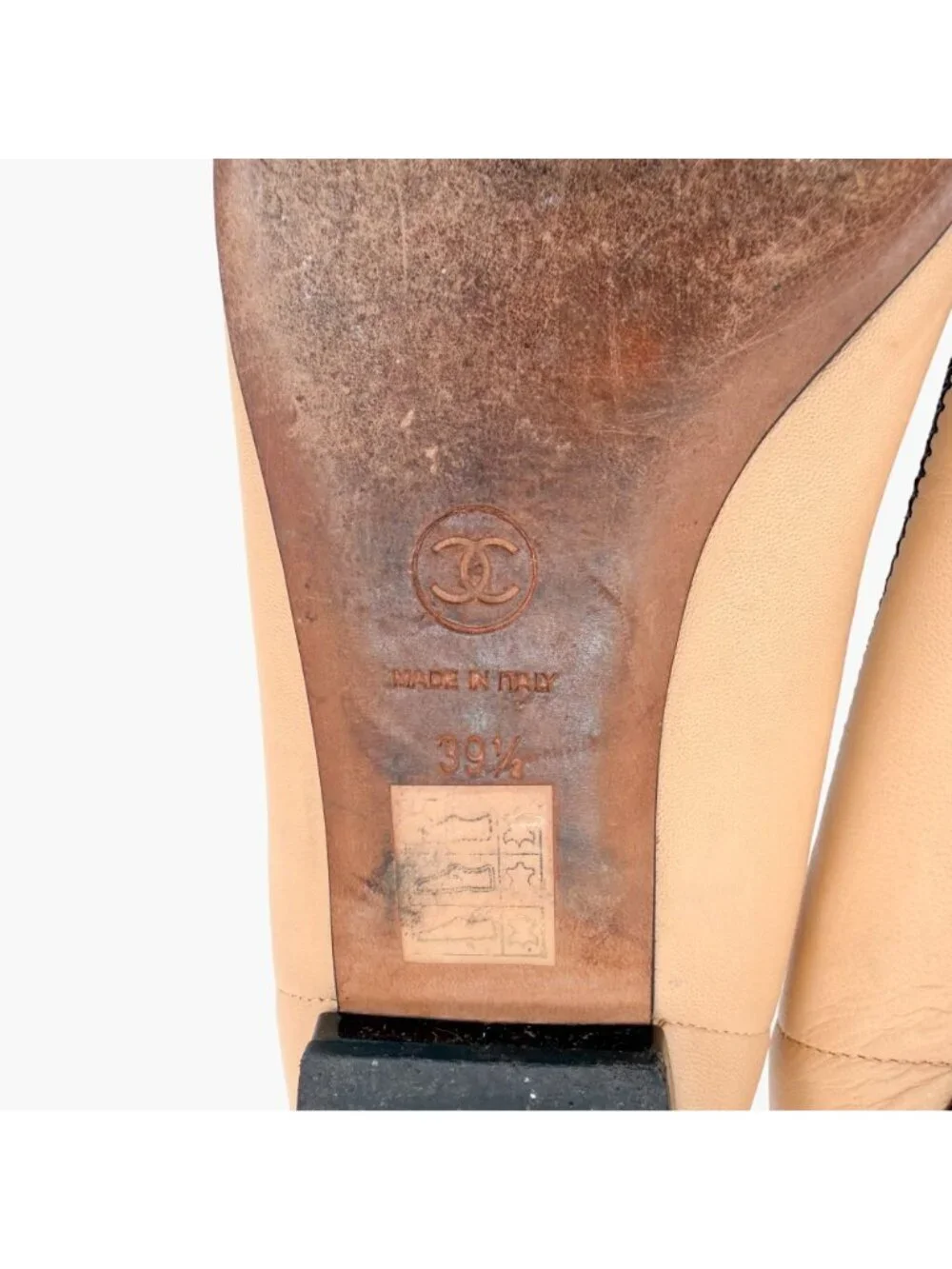 Chanel CC Cap Toe Ballet Flats Beige Black Leather Ruffle Size 39.5 US 8.5-9